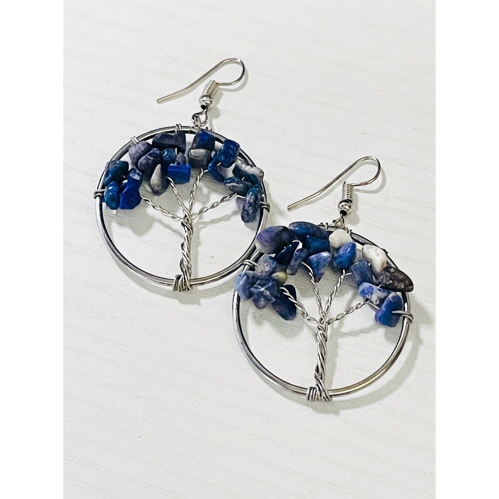 Tree of Life Wire-Wrapped Boho Dangle Earrings Bundle (Blue/Gray & Blue/White)
